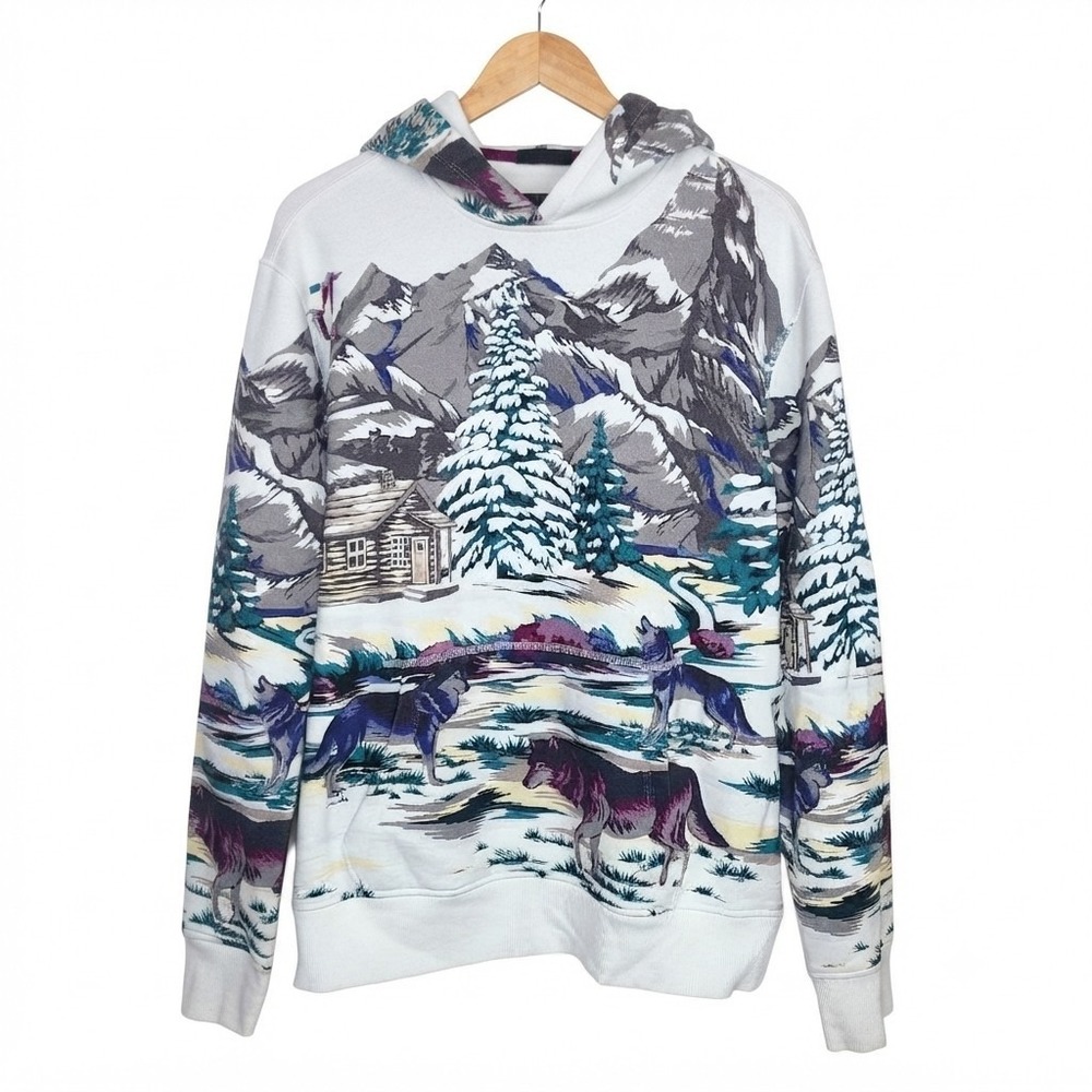 Greyson Size M Winter Wolf Mountain Scenic Print Hoodie Sweatshirt Ski Lodge